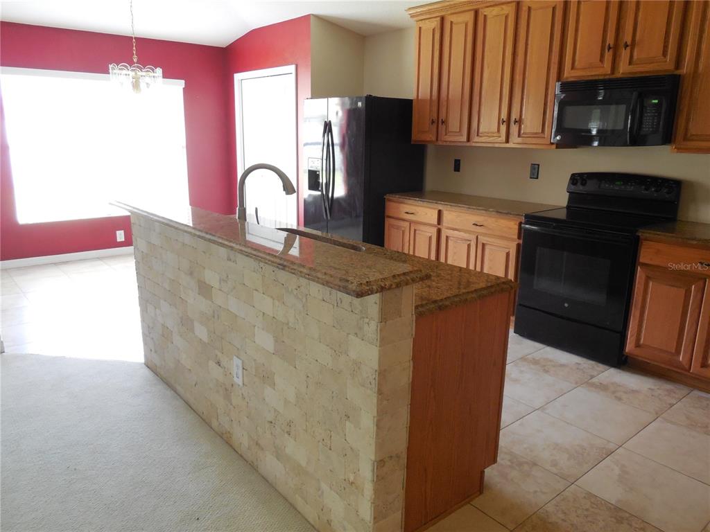 A kitchen features oak cabinets, granite countertops, a stone-tiled breakfast bar, and black appliances — 15447 OSPREY GLEN DRIVE, LITHIA, FL
