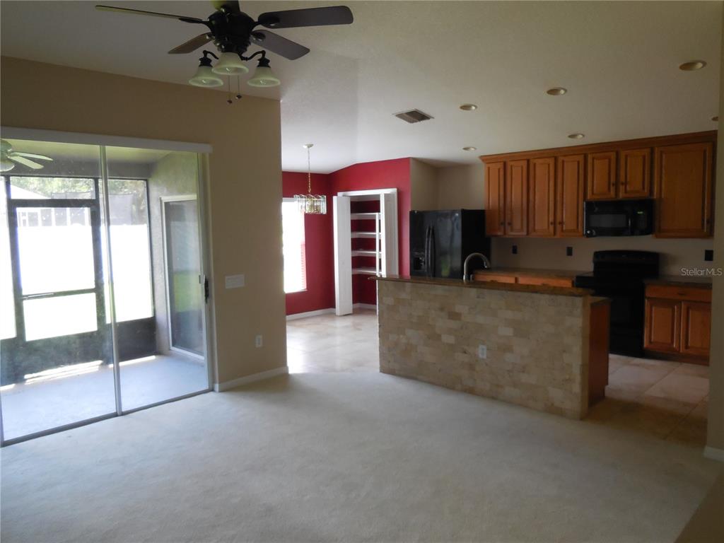 A living area with carpeted floors opens to a kitchen featuring wood cabinets and stone — 15447 OSPREY GLEN DRIVE, LITHIA, FL
