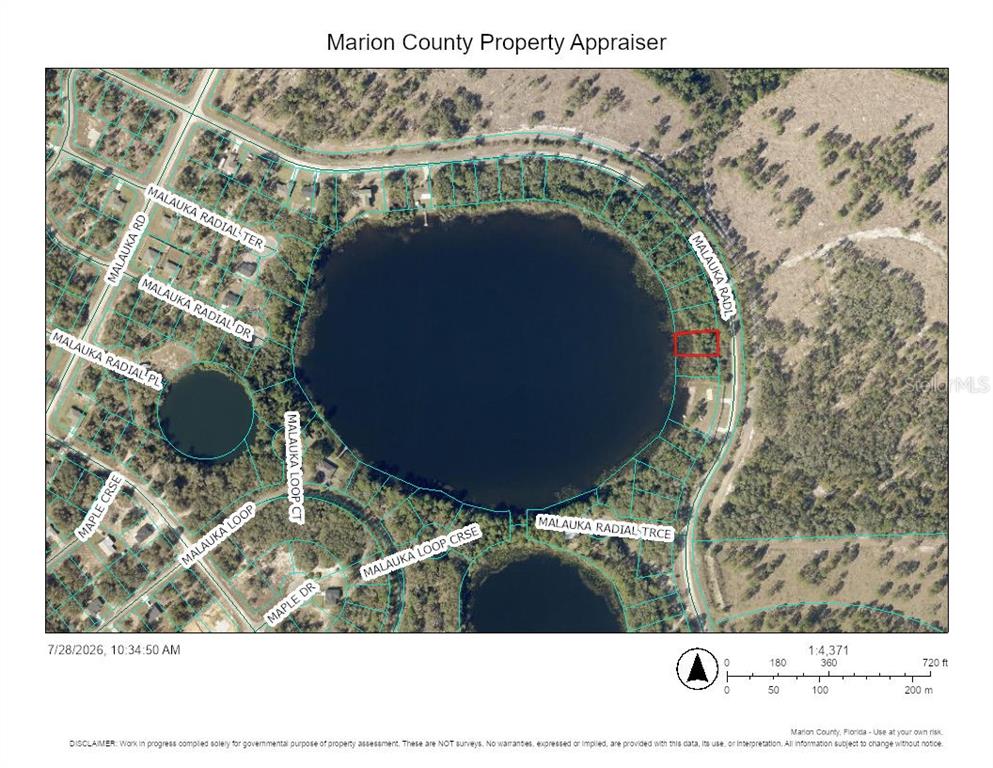 This is a property appraiser map showing a parcel of land bordering a lake — TBD MALAUKA RADIAL, OCKLAWAHA, FL