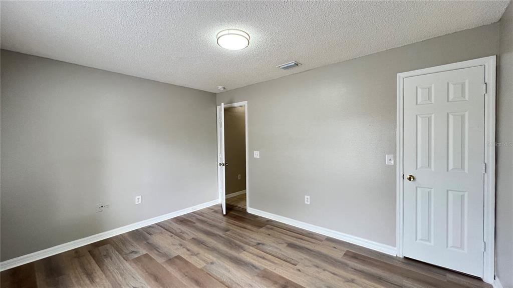 An empty room features light gray walls, wood-look flooring, a ceiling light, and two doors — 3831 CINNAMON FERN LOOP, CLERMONT, FL