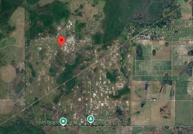 This is a satellite map view showing rural land, residential lots, and vegetation in Florida — 0 Holopaw Groves Road, FL 34771, FL
