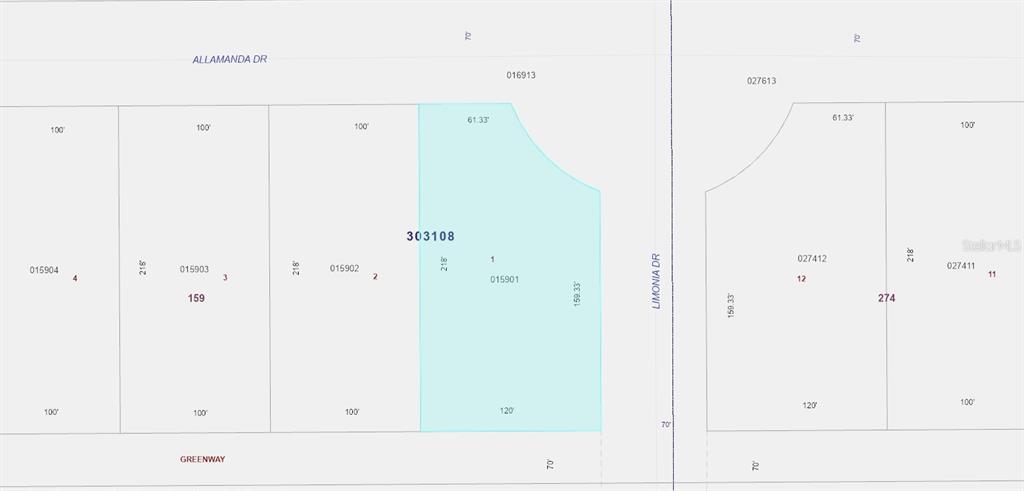 This is a property map showing lot dimensions and parcel numbers for a residential area — 201 ALLAMANDA DRIVE, INDIAN LAKE ESTATES, FL
