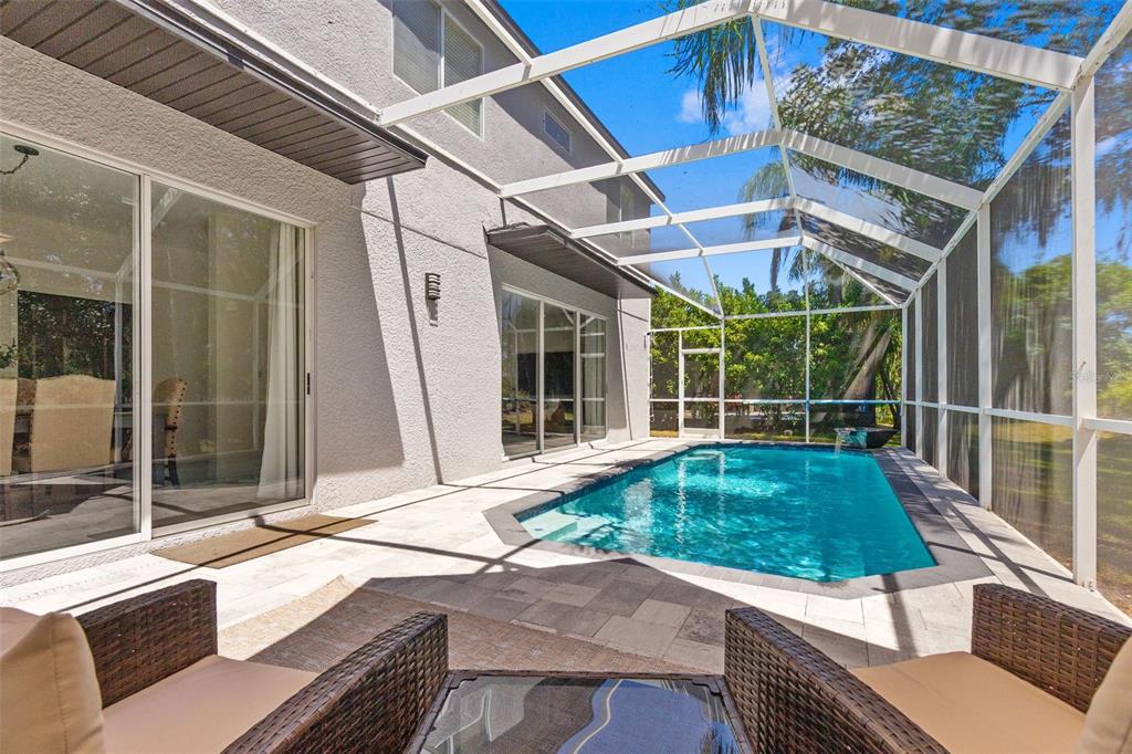 A swimming pool enclosed by a screen cage sits on a patio beside a house — 16127 LYTHAM DRIVE, ODESSA, FL