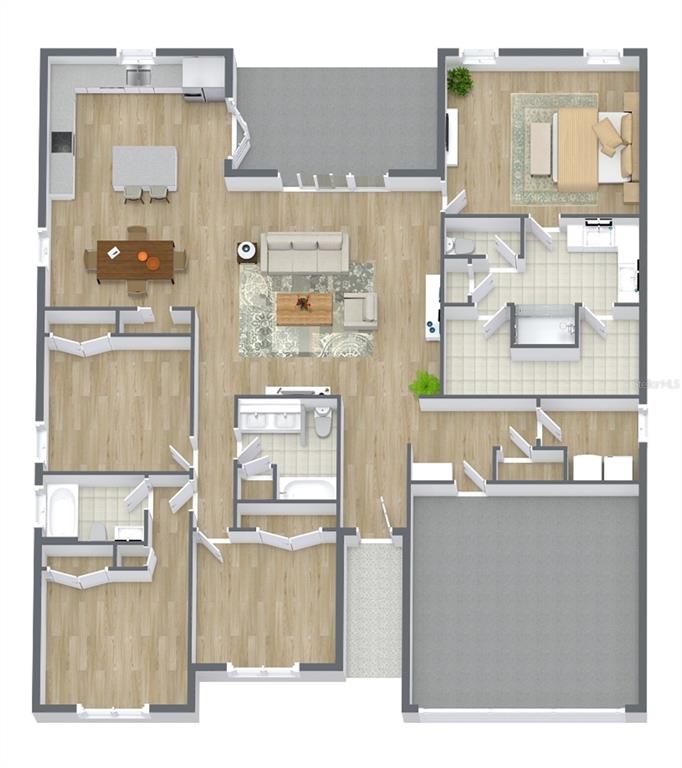 This is a 3D floor plan of a single-story home with three bedrooms and a garage — 2028 SW 153 LOOP, OCALA, FL