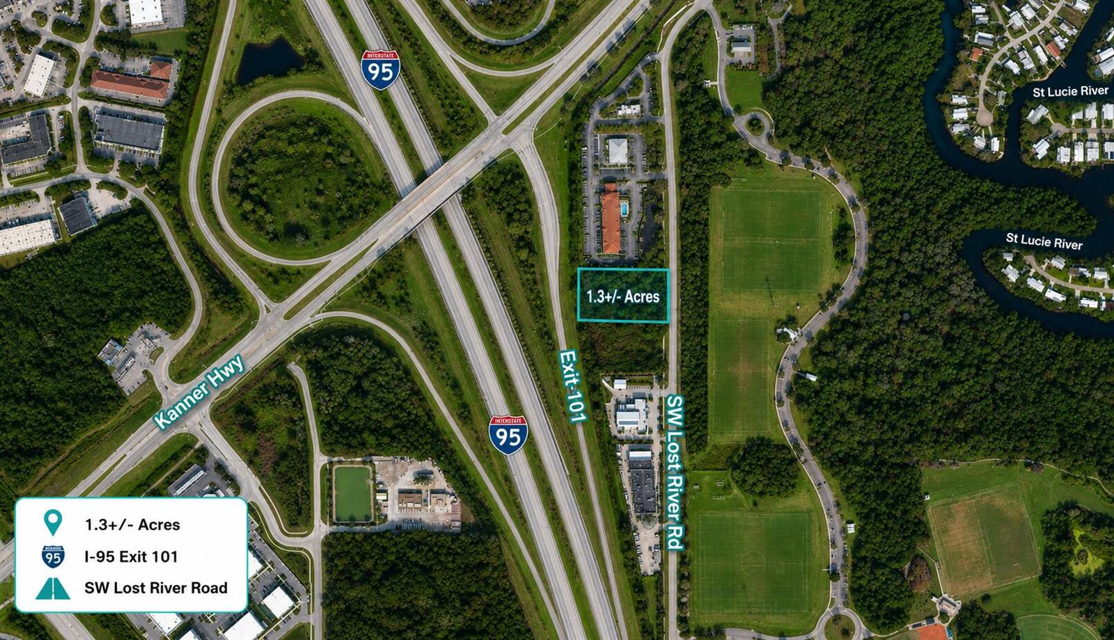 An aerial map shows a 1.3-acre parcel of land located near an interstate highway interchange — 8000 SW Lost River Road, Stuart FL 34997, STUART, FL