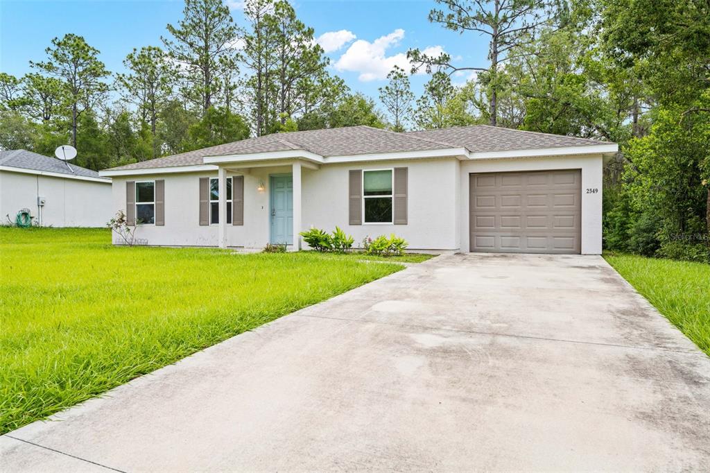 A single-story house with a light-colored stucco exterior, a gray garage door, and a driveway — 2549 W CASTANIA DRIVE, CITRUS SPRINGS, FL