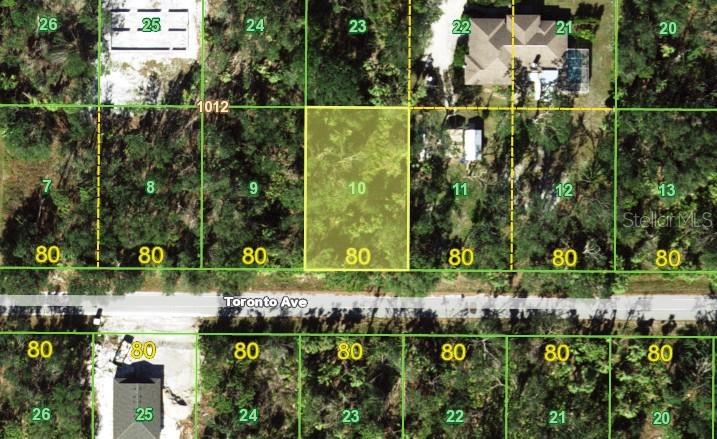 This is an aerial map showing a highlighted rectangular land parcel labeled 10 — 18432 TORONTO AVENUE, PORT CHARLOTTE, FL
