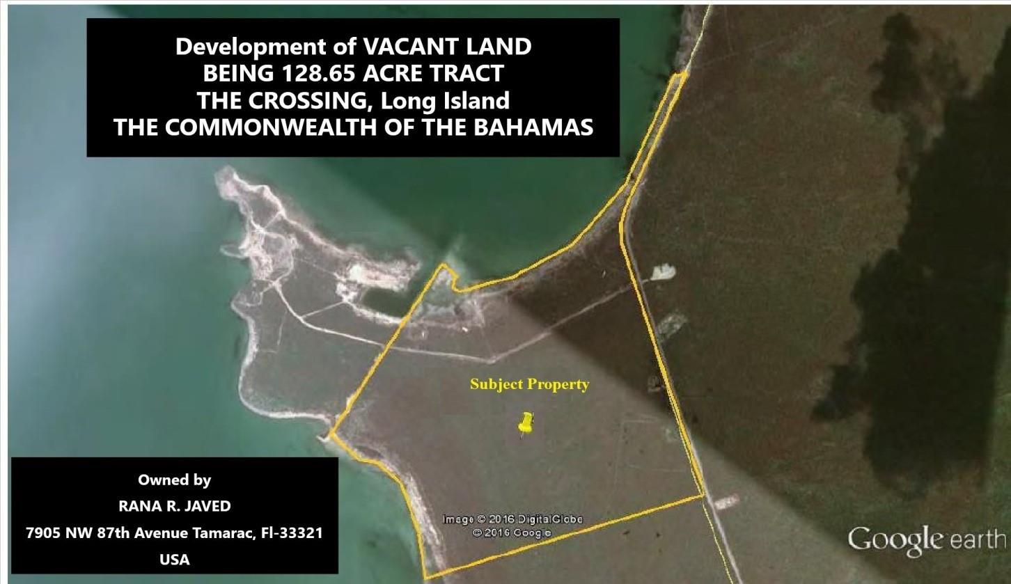 This satellite map shows a 128.65-acre tract of vacant land on Long Island, Bahamas — THE CROSSING The Crossing Queen's Highway, FL, FL