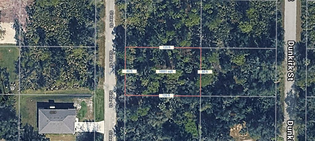 This aerial map shows a rectangular, wooded vacant lot measuring 125 feet by 80 feet — 3310 SLATER STREET, PORT CHARLOTTE, FL