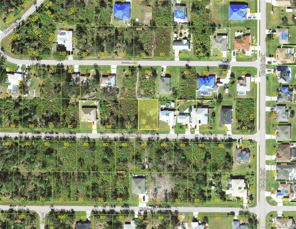 This is a satellite map showing residential lots and streets in a suburban neighborhood — 22492 CLEVELAND AVENUE, PORT CHARLOTTE, FL