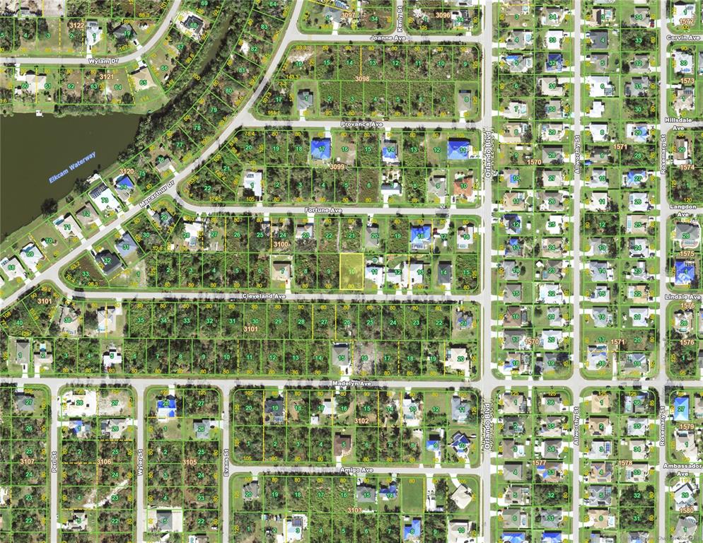 This is a satellite map showing residential lots and streets in a suburban neighborhood — 22492 CLEVELAND AVENUE, PORT CHARLOTTE, FL