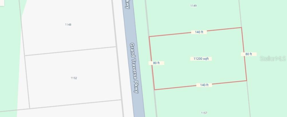 This is a map showing the dimensions and square footage of a rectangular land parcel — 1153 GRAND TRAVERSE PARKWAY, REUNION, FL