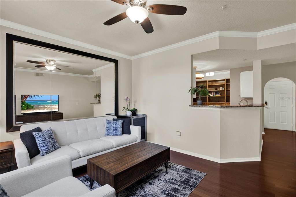 A living room features a large wall mirror, a white sofa, and a wood coffee table — 501 KNIGHTS RUN AVE UNIT 1234, TAMPA, FL