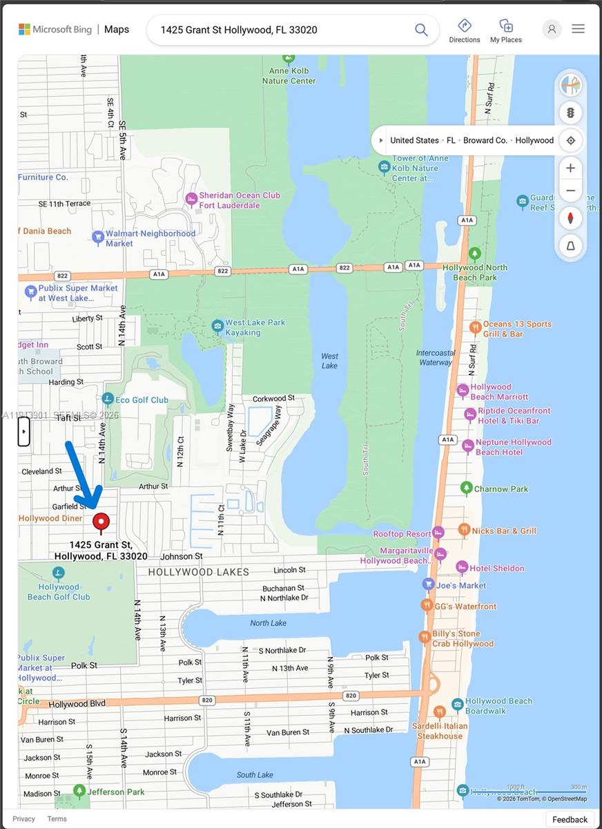 This is a map showing the location of a property in Hollywood, Florida — 1425 Grant St, Hollywood FL 33020, HOLLYWOOD, FL