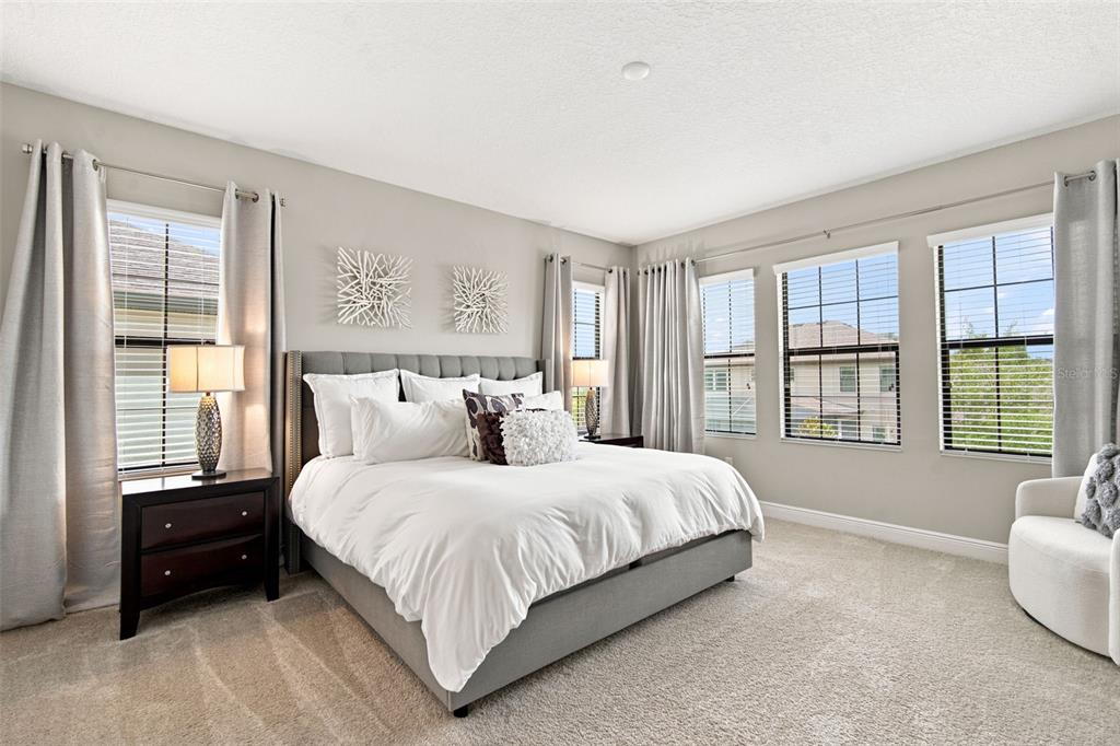 A bedroom with a gray upholstered bed, two nightstands, and windows with gray curtains — 4587 SHORELEAF LOOP, VALRICO, FL