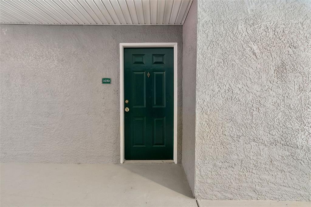 A dark green front door with the number 1030 is set into a textured gray wall — 18001 RICHMOND PLACE DRIVE UNIT 1030, TAMPA, FL