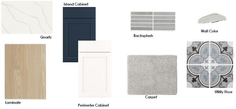 This image is a design board showing samples of kitchen cabinets, countertops, flooring, and wall finishes — 3074 BONFIRE PATH, ST CLOUD, FL