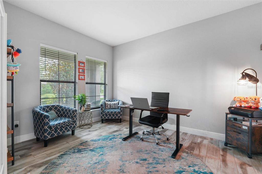 A home office features a desk, two patterned armchairs, a rug, and a printer stand — 13134 MONACH ISLES DRIVE, RIVERVIEW, FL