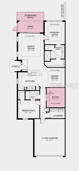 This is a floor plan for a single-story home featuring a garage, lanai, and study — 7516 MOONBEAM AVENUE, SARASOTA, FL