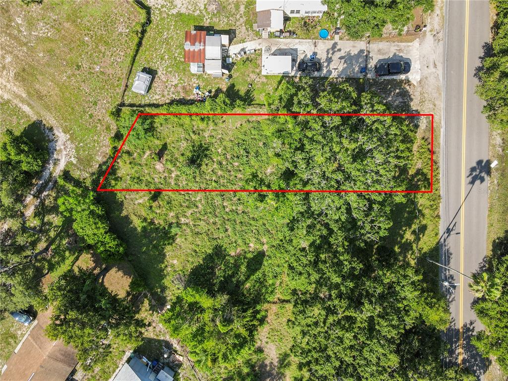 An aerial view shows a rectangular, tree-covered vacant lot outlined in red next to a road — 4617 E LAKE AVENUE, TAMPA, FL