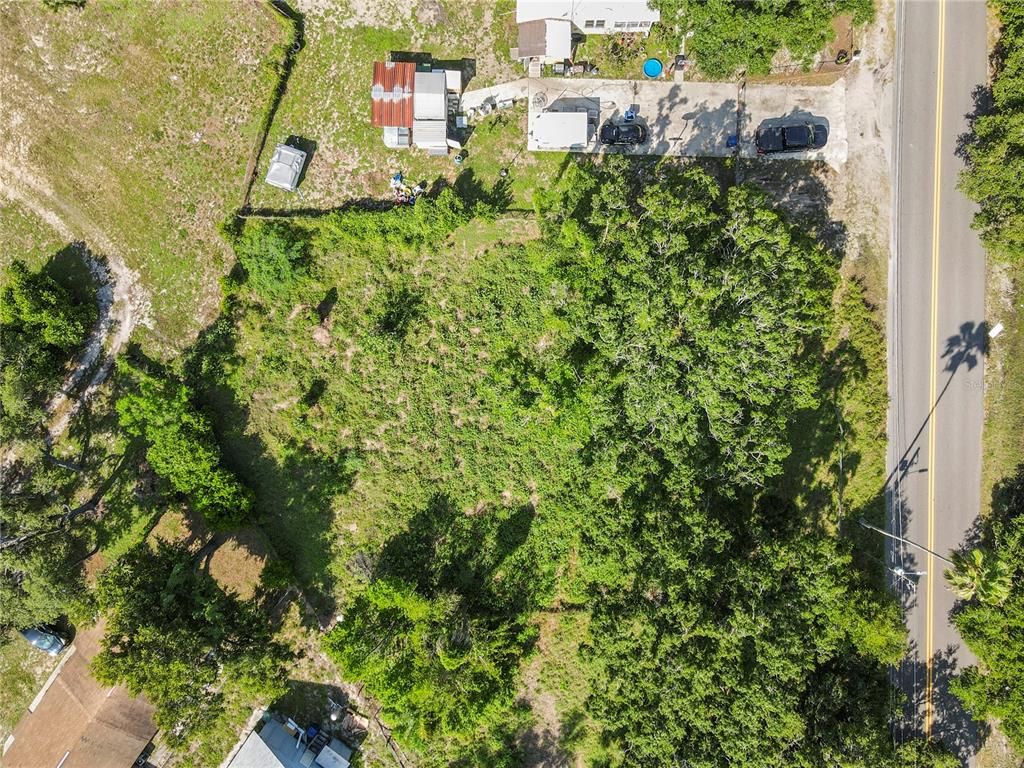 An aerial view shows a vacant, tree-covered lot situated next to a paved road — 4617 E LAKE AVENUE, TAMPA, FL
