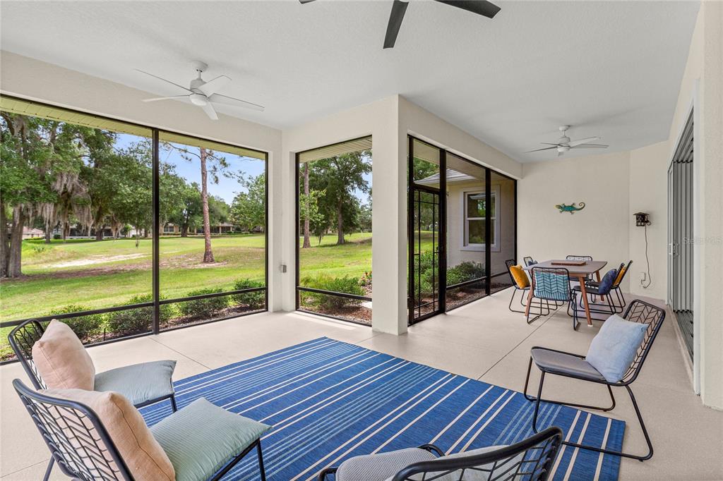 A screened-in patio with outdoor furniture, a blue striped rug, and a view of trees — 5090 GREENS DRIVE, LADY LAKE, FL