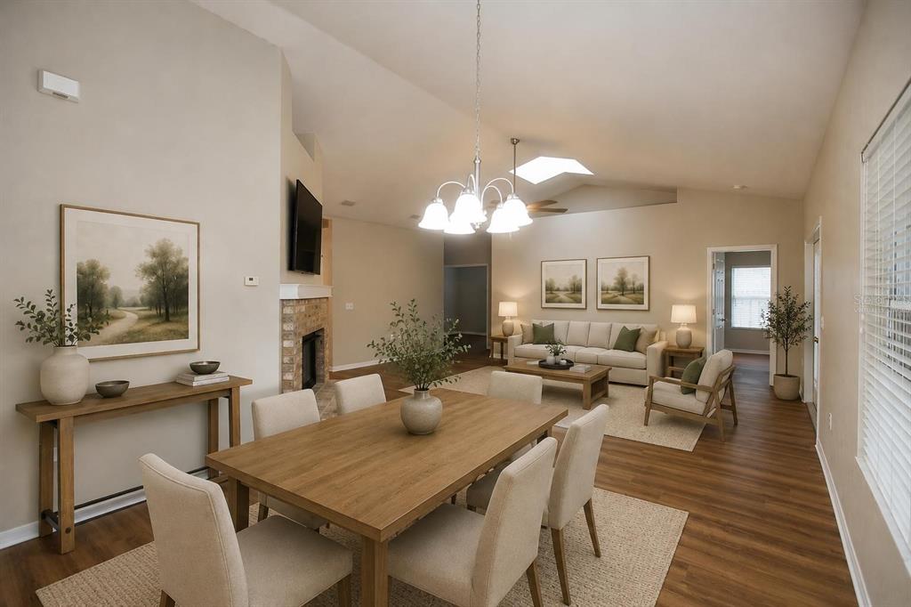 A dining area with a wooden table and chairs opens into a living room — 4314 NW 35TH STREET, GAINESVILLE, FL