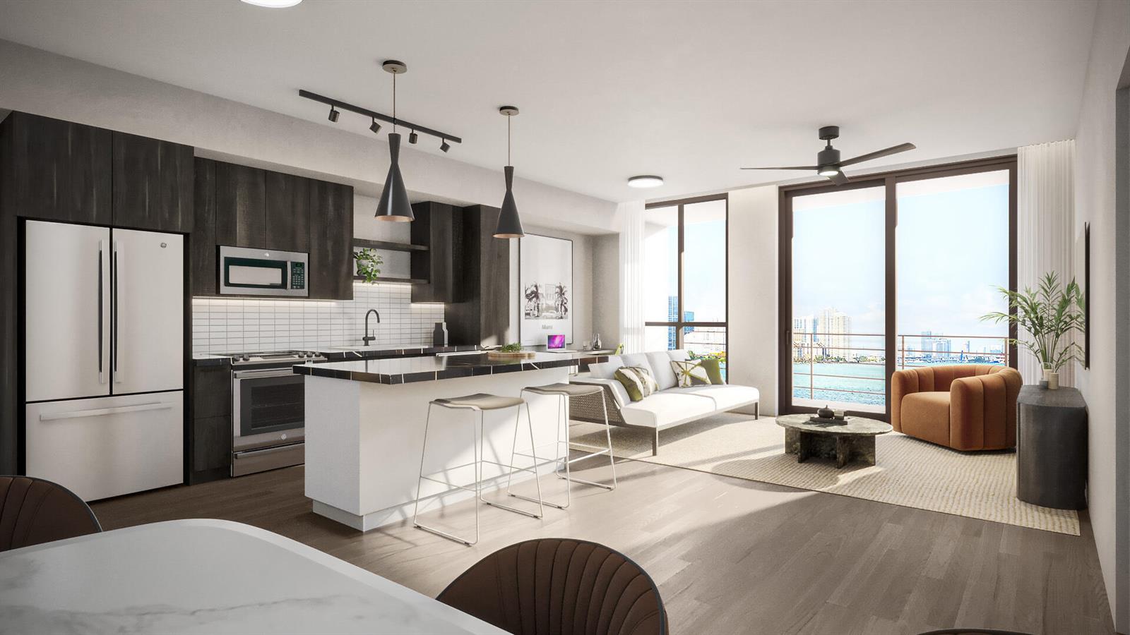 This rendering shows an open-concept kitchen and living area with dark cabinetry and balcony views — 11295 Biscayne Boulevard # 610, Miami FL 33181, MIAMI, FL