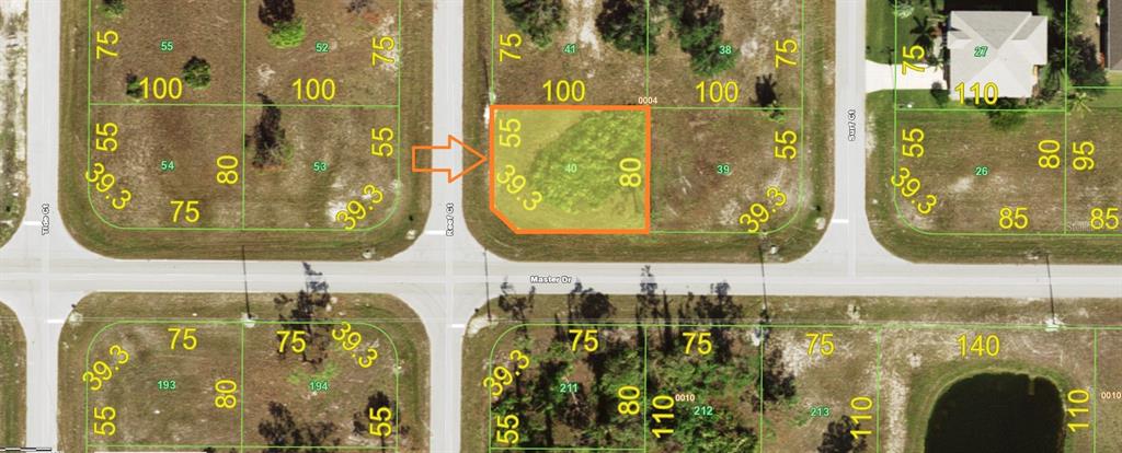 This is a map showing a vacant corner lot highlighted in orange within a residential neighborhood — 19 REEF COURT, PLACIDA, FL