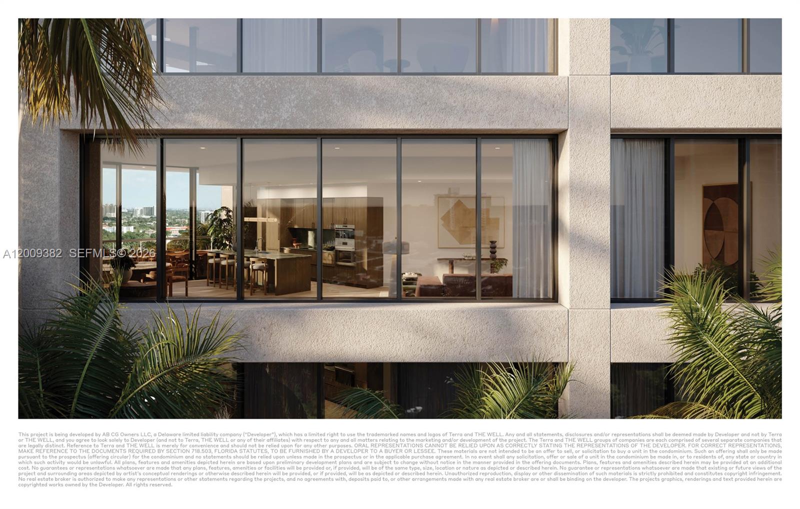 This architectural rendering shows a modern interior living space viewed through large floor-to-ceiling windows — 2835 Tigertail, Coconut Grove FL 33133, COCONUT GROVE, FL