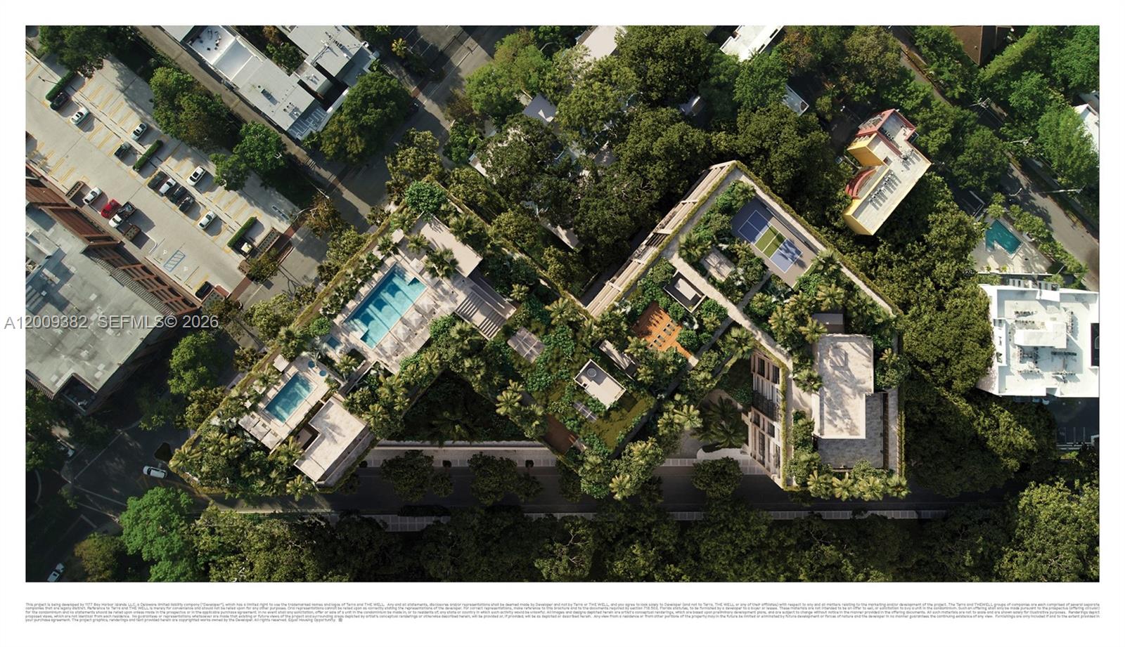 An aerial architectural rendering shows a modern building complex with rooftop pools and landscaped gardens — 2835 Tigertail, Coconut Grove FL 33133, COCONUT GROVE, FL