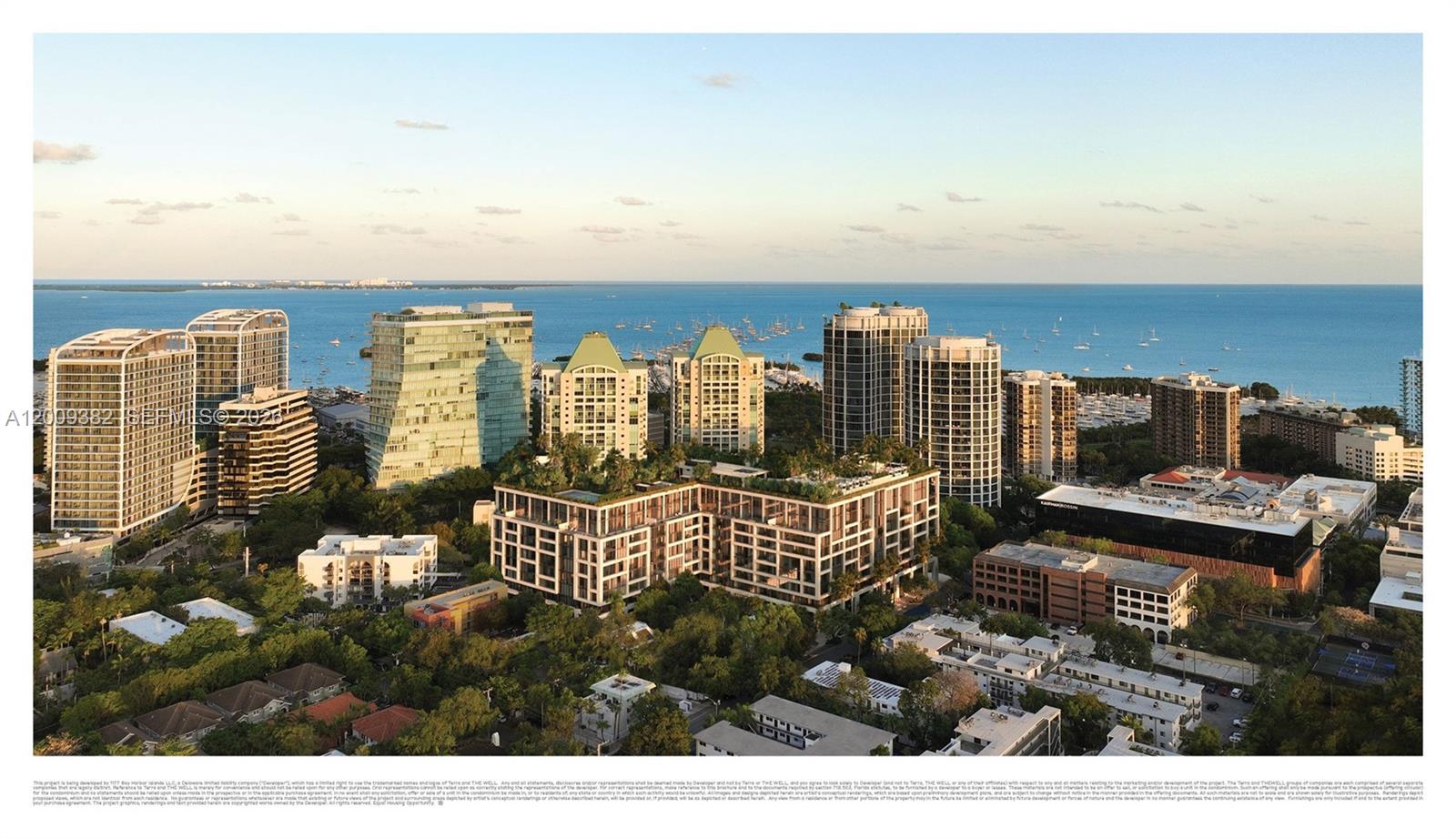 An aerial rendering shows a modern residential complex surrounded by high-rise buildings and the ocean — 2835 Tigertail, Coconut Grove FL 33133, COCONUT GROVE, FL