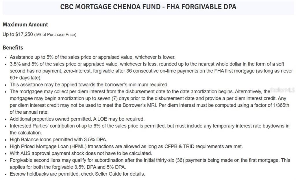 This image is a document outlining the terms and benefits of a mortgage assistance program — 7980 BROAD POINTE DRIVE, ZEPHYRHILLS, FL