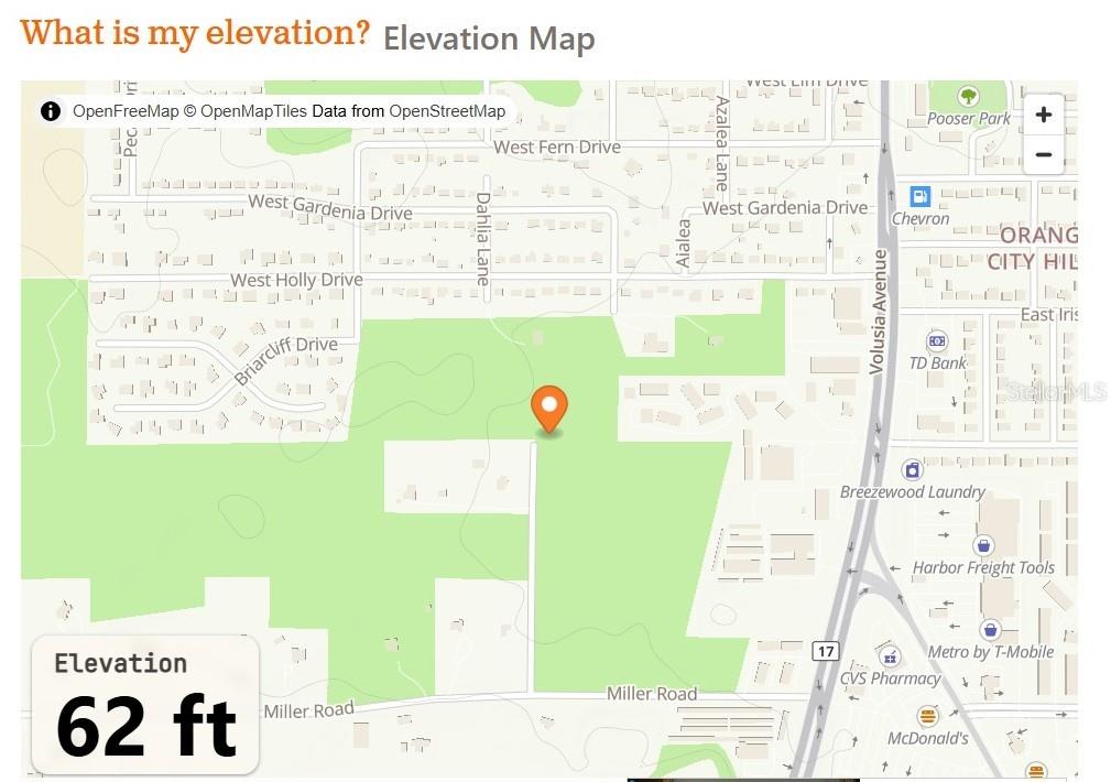 This is an elevation map showing a location with an elevation of 62 feet — NELSON AVENUE, ORANGE CITY, FL