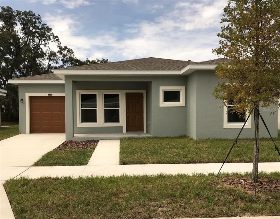 A single-story house with a sage green exterior, brown garage door, and brown front door — 5021 FINDERS COURT, TAMPA, FL