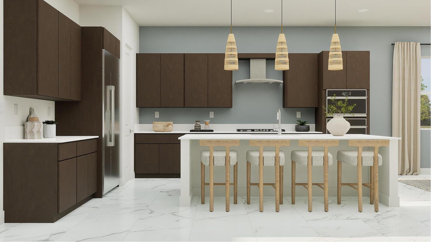 This rendering shows a modern kitchen with dark wood cabinets, white countertops, and marble flooring — 10133 Royal Ascot Avenue, Lake Worth FL 33449, LAKE WORTH, FL