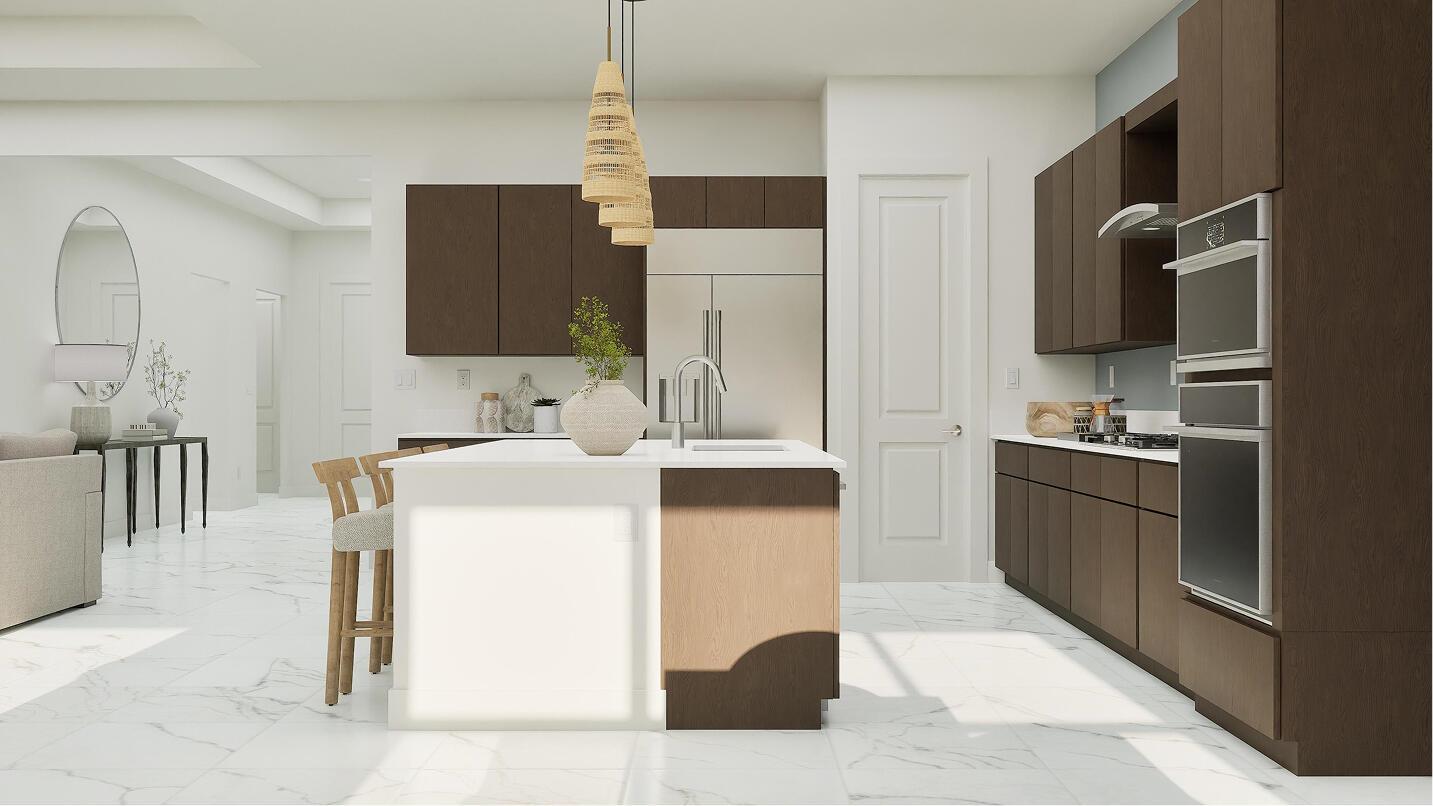 This rendering shows a modern kitchen with dark wood cabinets, a white island, and marble flooring — 10133 Royal Ascot Avenue, Lake Worth FL 33449, LAKE WORTH, FL