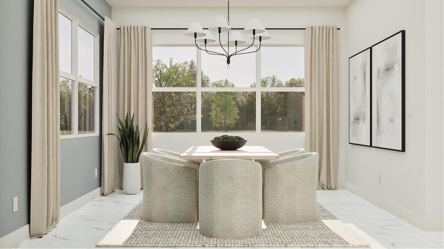 This rendering shows a dining room with a light wood table, upholstered chairs, and chandelier — 10133 Royal Ascot Avenue, Lake Worth FL 33449, LAKE WORTH, FL