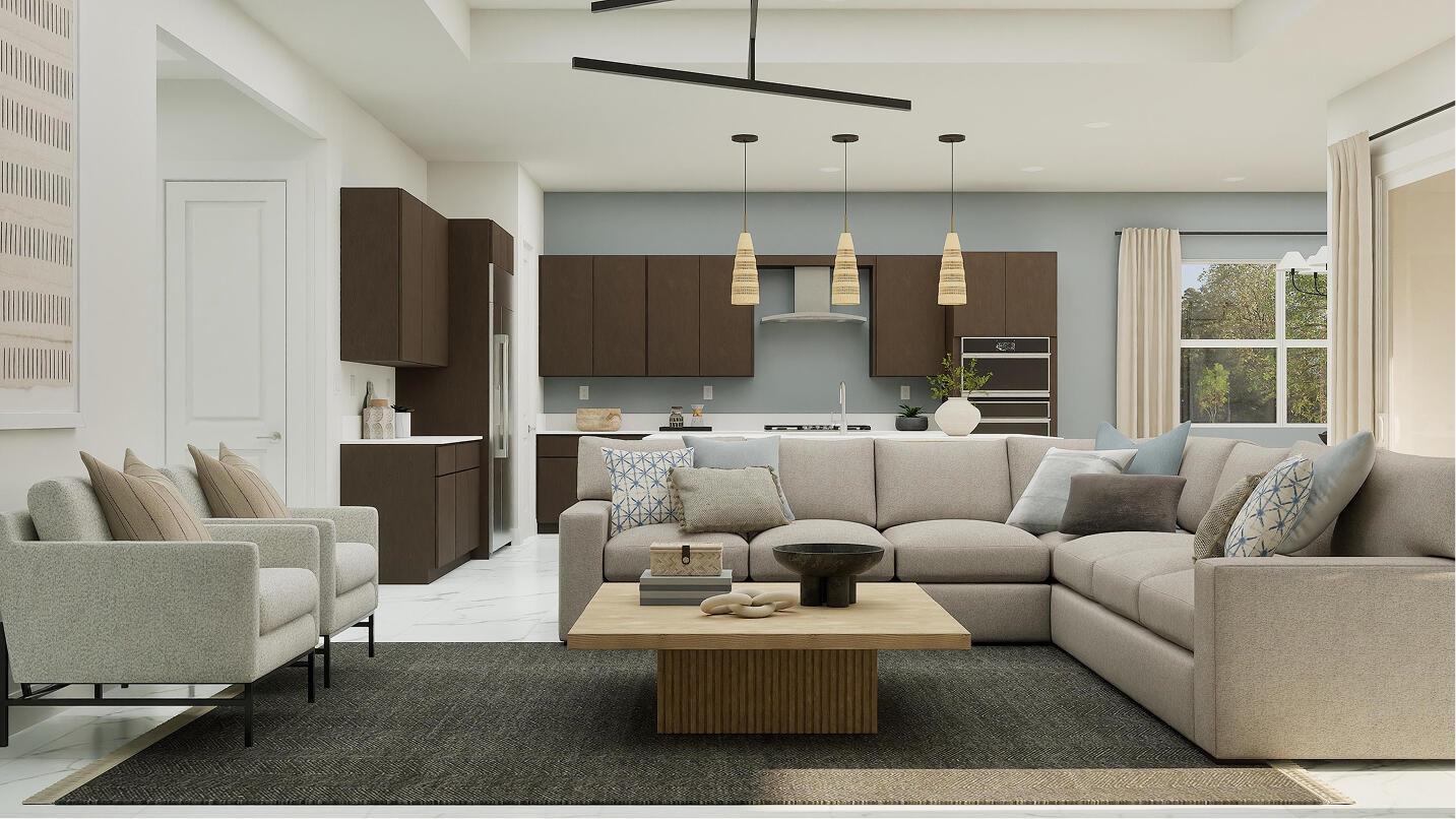 This rendering shows an open-concept living room and kitchen with dark cabinetry and neutral furniture — 10133 Royal Ascot Avenue, Lake Worth FL 33449, LAKE WORTH, FL