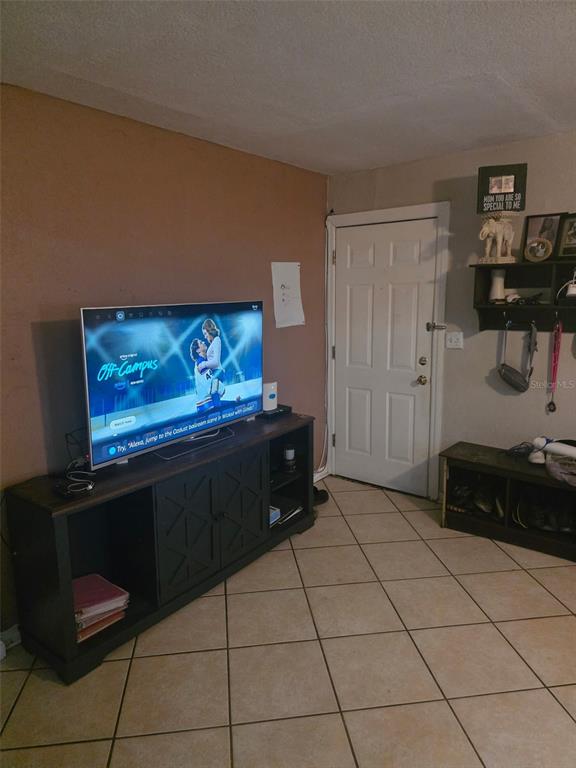 A living room features a television on a dark media console, tiled floors, and an entryway — 8311 N 18TH STREET, TAMPA, FL