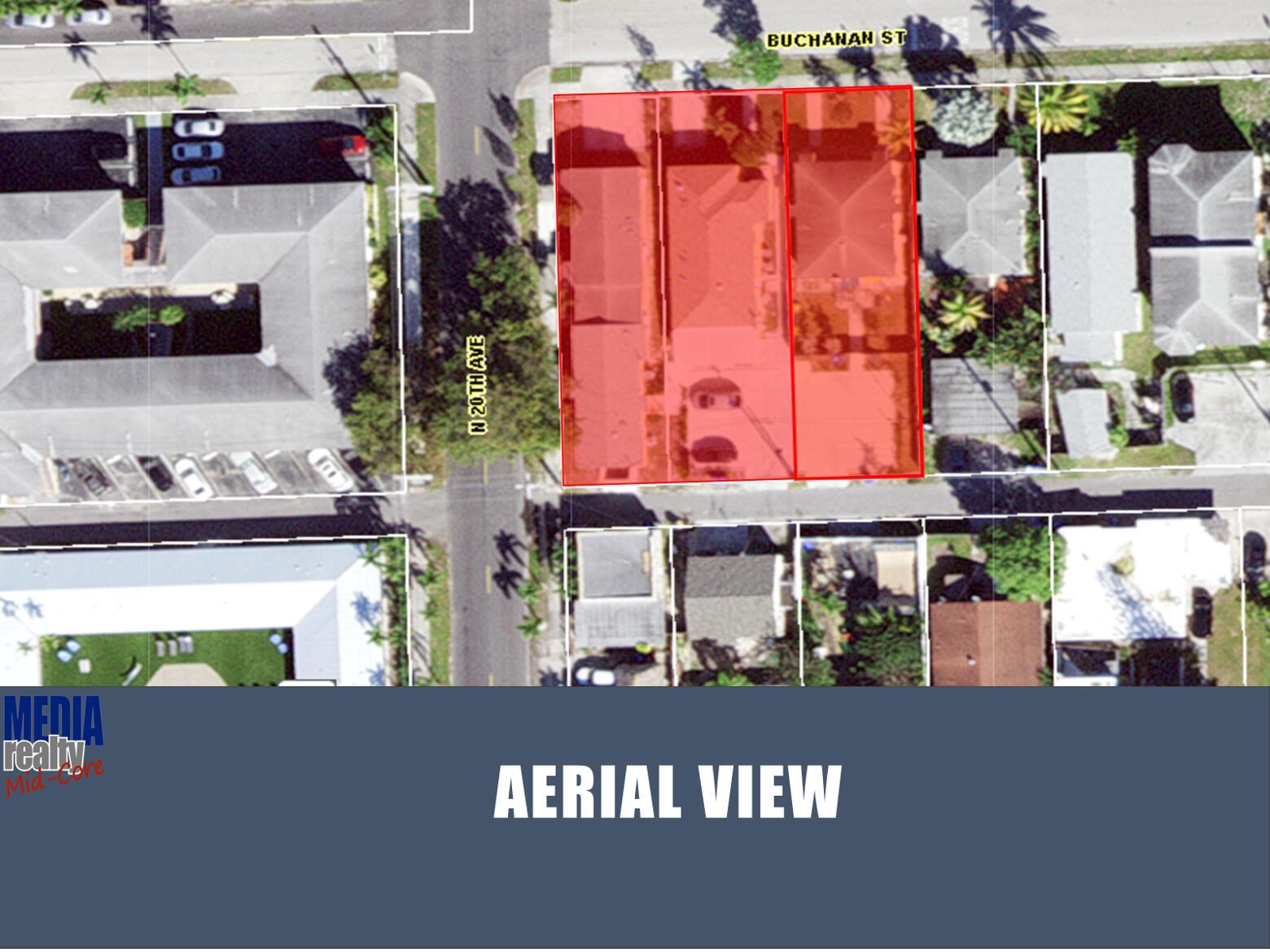 This aerial map shows three adjacent residential properties highlighted in red near a street intersection — 615 N 20th Avenue, Hollywood FL 33020, HOLLYWOOD, FL