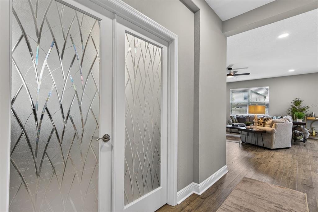 A hallway with white French doors featuring decorative frosted glass panels leads into a living room — 7241 NOTCHED PINE BEND, WESLEY CHAPEL, FL
