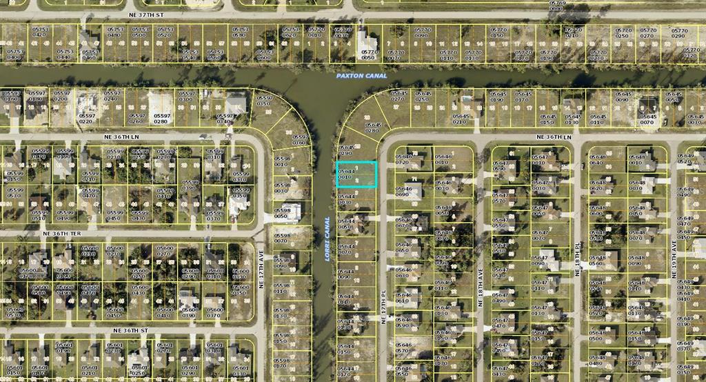 This is a map showing residential property lots and streets in a suburban neighborhood — 3624 NE 17TH PLACE, CAPE CORAL, FL