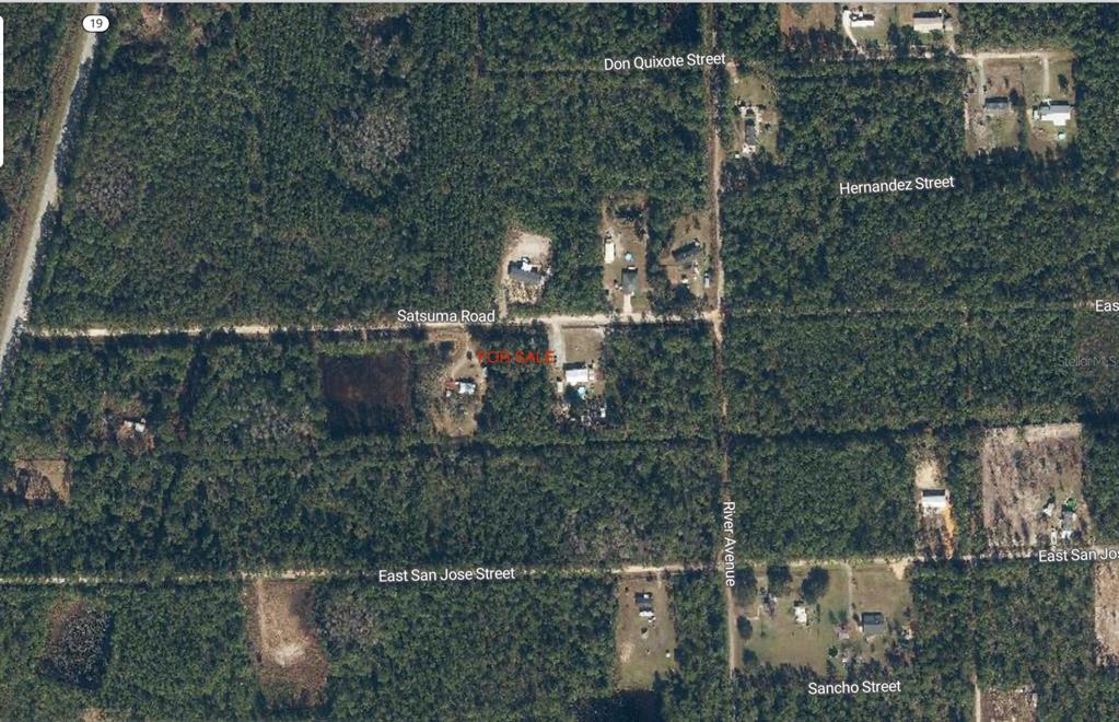 This is an aerial map showing a wooded residential area with labeled streets and roads — 127 E SATSUMA STREET, PALATKA, FL
