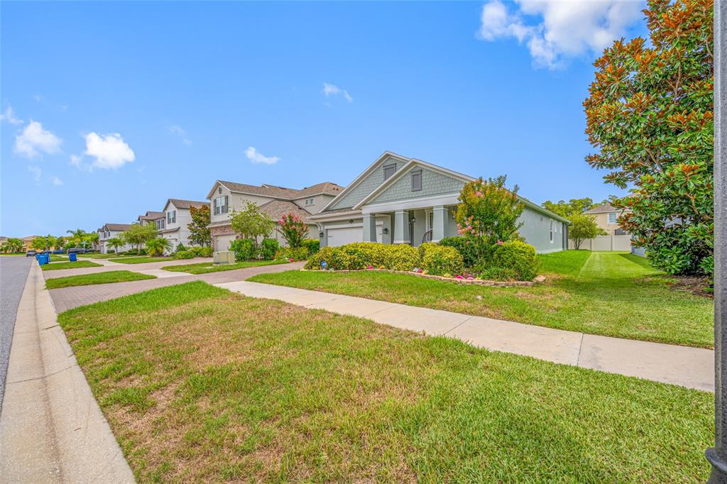 A street-level view shows a suburban house with a green lawn and a paved sidewalk — 19382 LONG LAKE RANCH BOULEVARD, LUTZ, FL