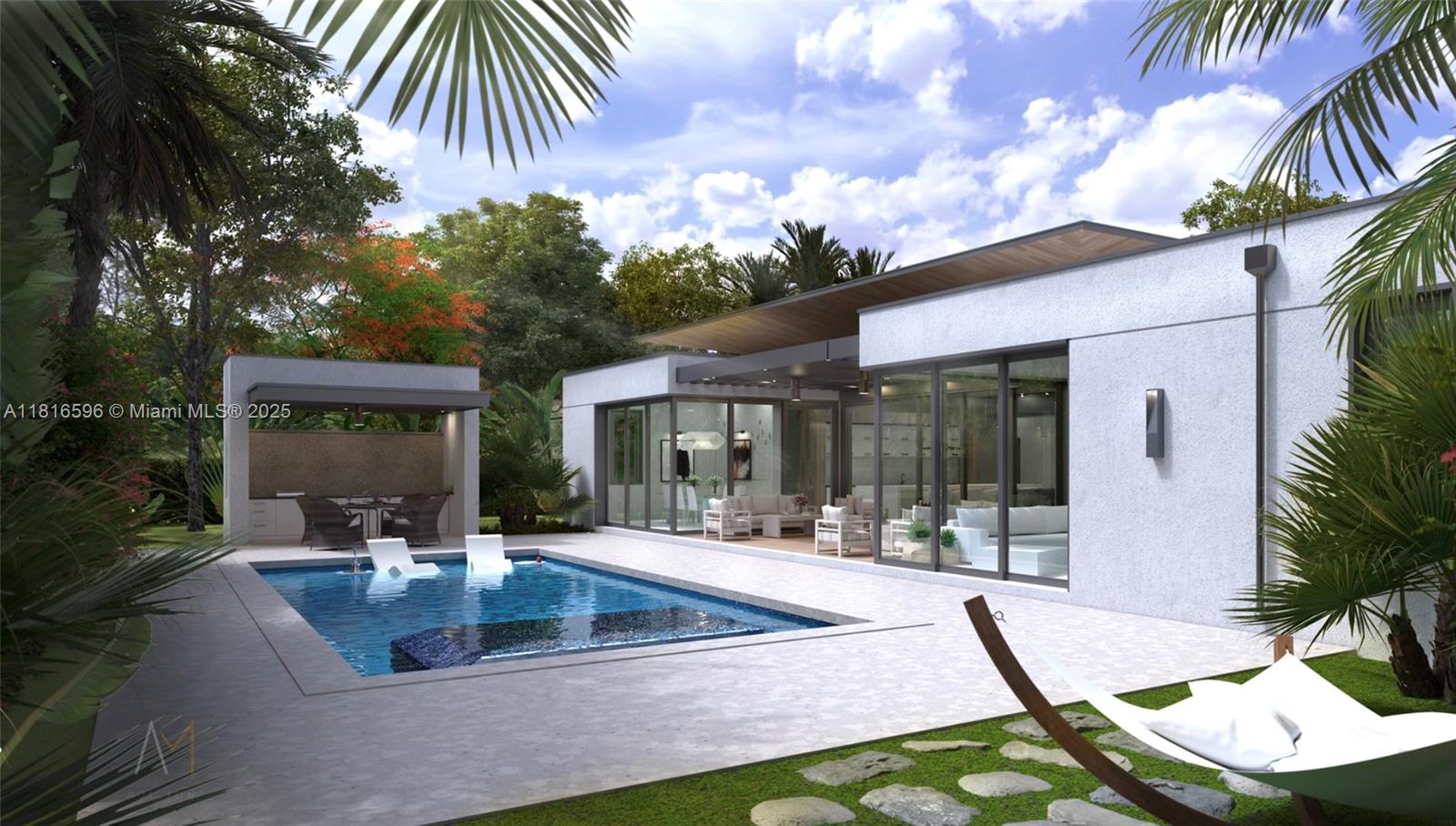 This is a rendering of a modern house exterior featuring a swimming pool and patio — 7605 SW 134th St, Pinecrest FL 33156, PINECREST, FL