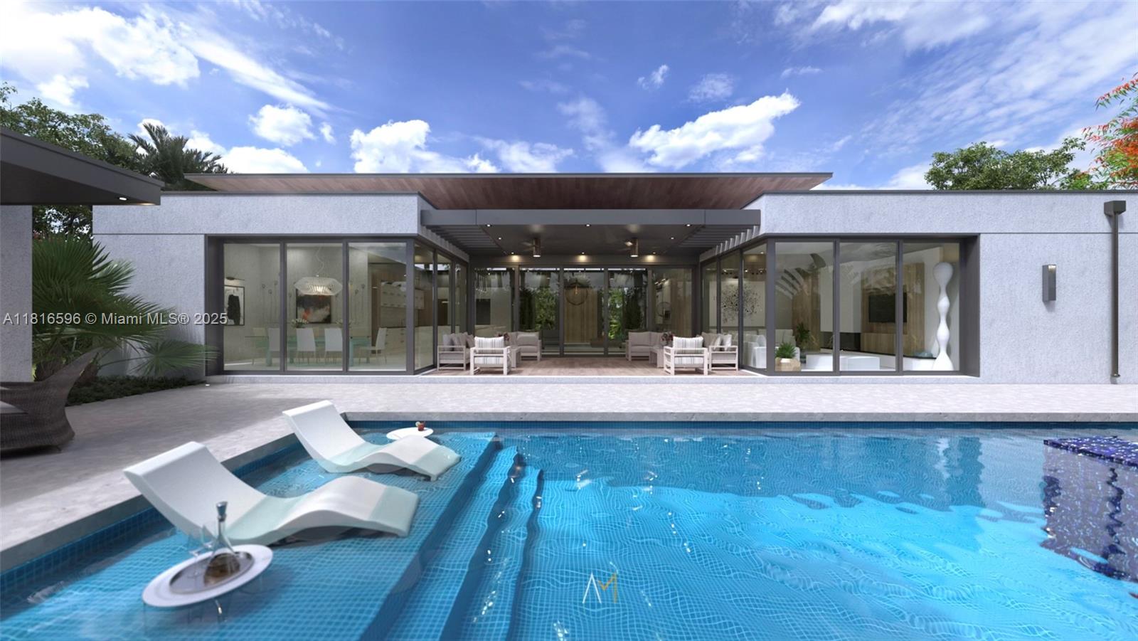 This is a rendering of a modern house exterior featuring a pool with lounge chairs — 7605 SW 134th St, Pinecrest FL 33156, PINECREST, FL
