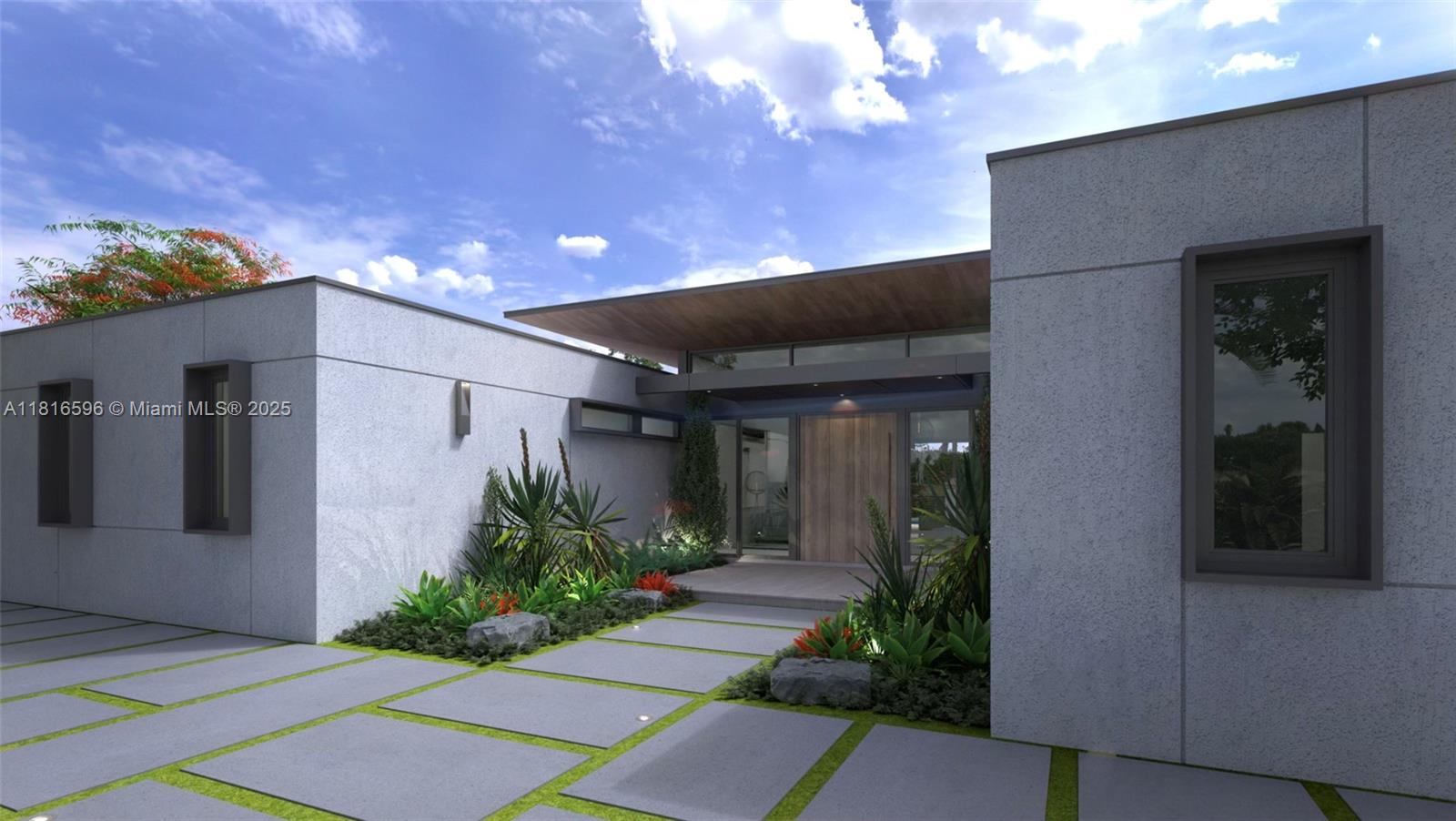 This is a rendering of a modern home exterior with a paved walkway and landscaping — 7605 SW 134th St, Pinecrest FL 33156, PINECREST, FL