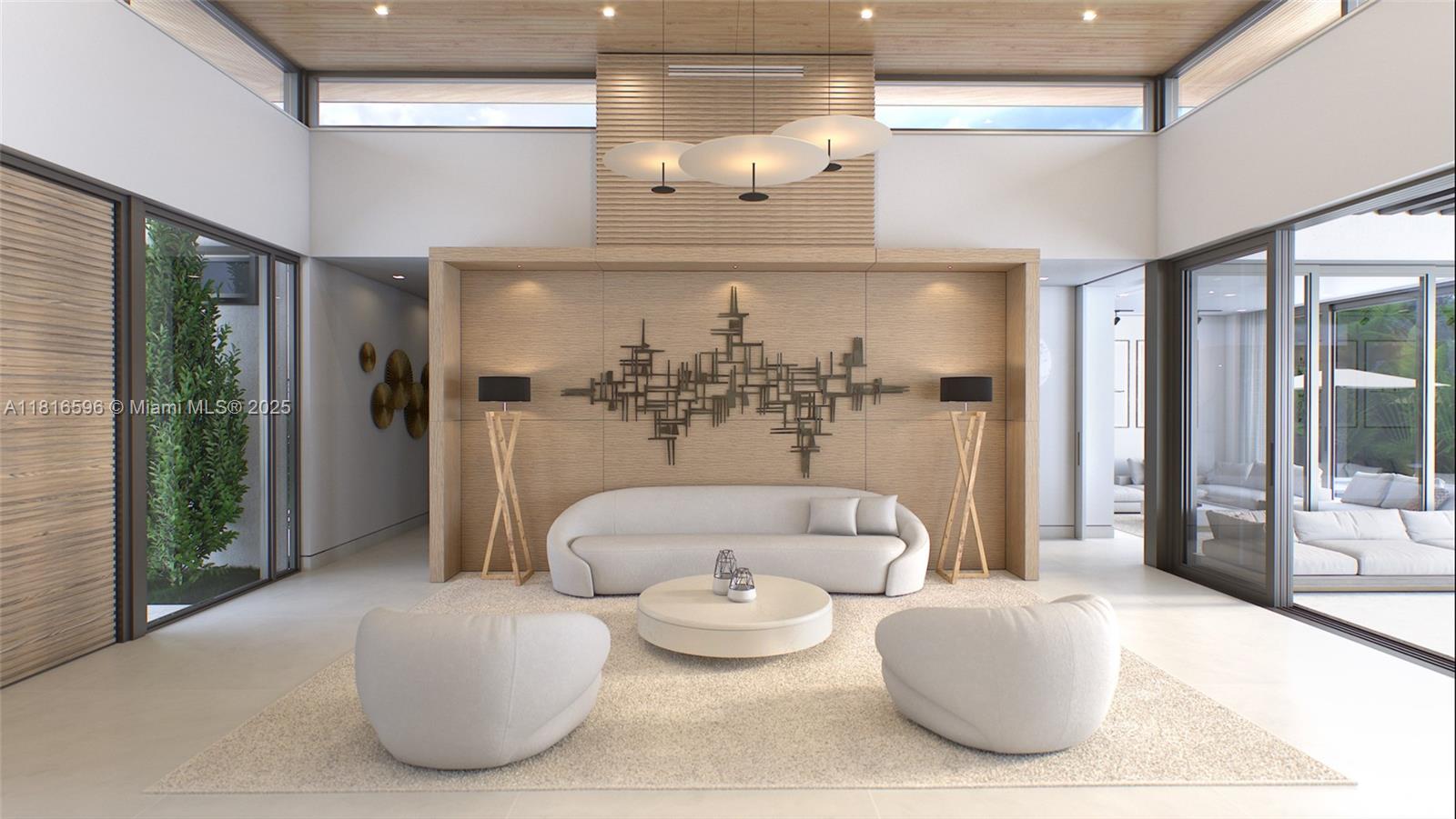 This is a rendering of a modern living room with wood paneling and neutral furniture — 7605 SW 134th St, Pinecrest FL 33156, PINECREST, FL