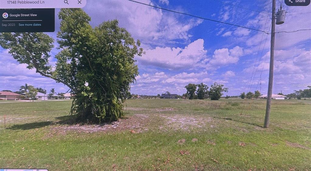 A large tree stands on a grassy, vacant residential lot under a blue sky — 17148 PEBBLEWOOD LANE, PUNTA GORDA, FL